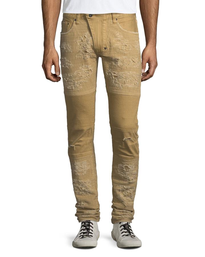 Windsor Distressed Skinny Moto Jeans, Khaki