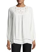 Long-sleeve Embroidered-cut Top, Ivory