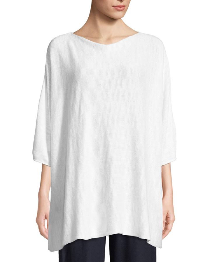 Sideways-knit Boat-neck Short-sleeve Linen-blend Top