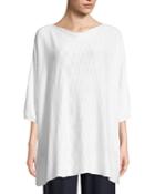 Sideways-knit Boat-neck Short-sleeve Linen-blend Top