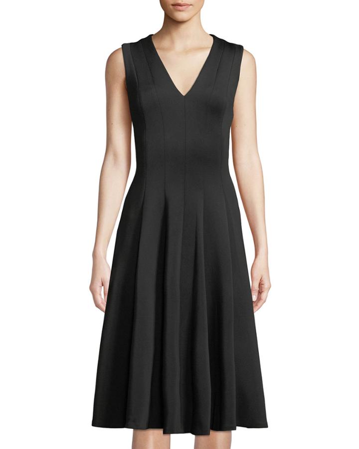 Seamed V-neck Pleated A-line Dress