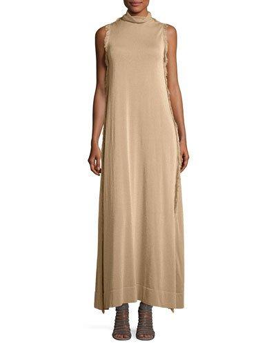 Fringed-trim Long Turtleneck Dress, Beige