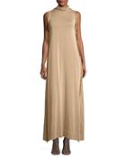 Fringed-trim Long Turtleneck Dress, Beige