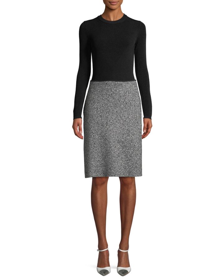 Long-sleeve Diagonal Tweed Skirt Knit Top Dress