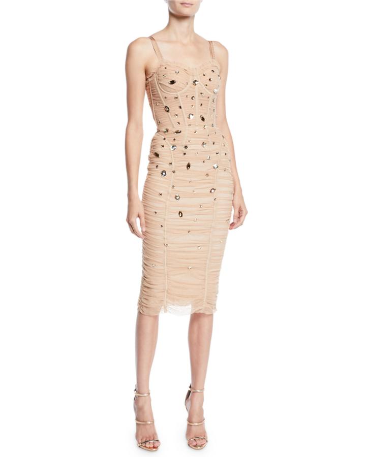 Corset-bodice Jewel-embellished Ruched Tulle Cocktail Dress