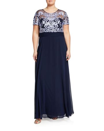 Plus Size 3d Leaf Embroidered Chiffon Gown
