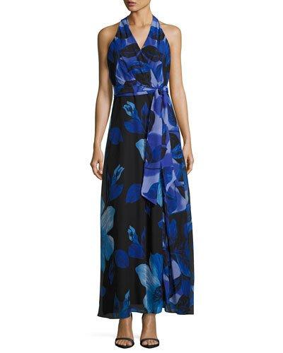 Faux-wrap Floral-chiffon Maxi Dress, Black/blue