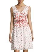 Sleeveless A-line Floral Print Dress, Ivory/bright Coral