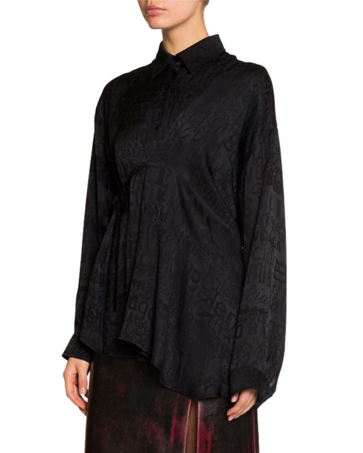 Jacquard Fluid Silk Button-front Asymmetric Top
