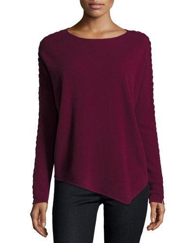 Asymmetric Cashmere Braided-sleeve Sweater, Burgundy