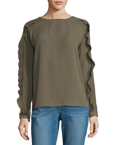 Pleated Ruffle Long-sleeve Blouse