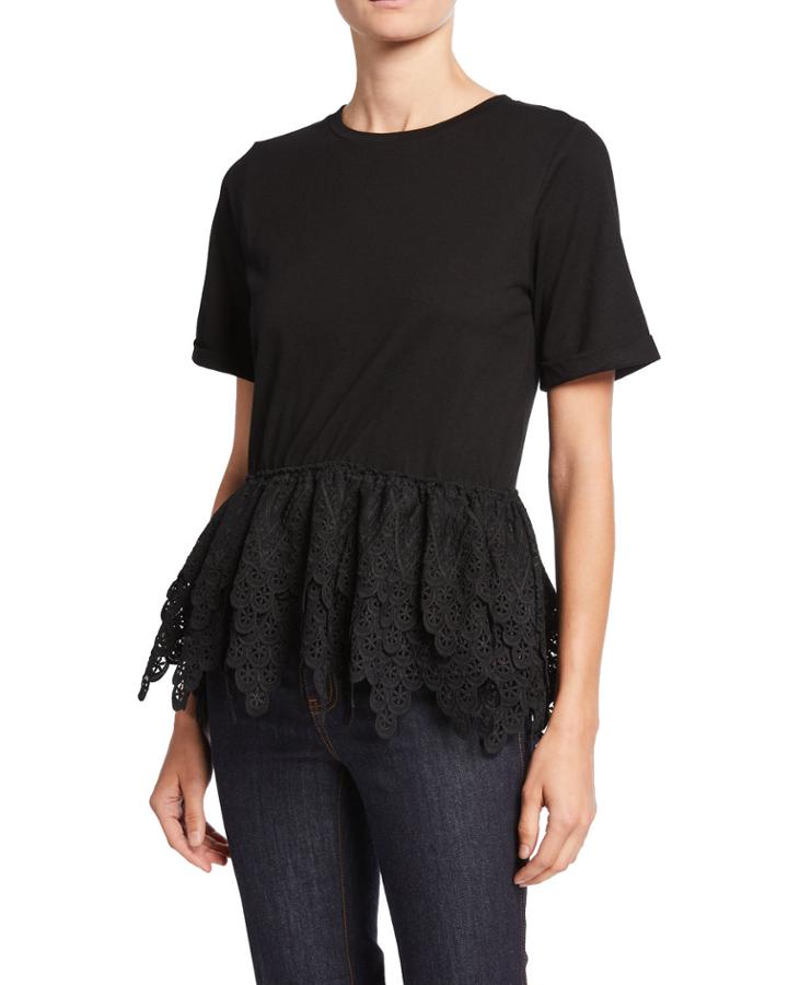 Crewneck Short-sleeve Lace Peplum Top