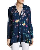 Long-sleeve Button-front Floral Tunic Blouse,