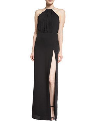 Strappy Blouson Column Gown, Black