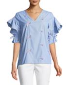 Embroidered V-neck Ruffle Blouse