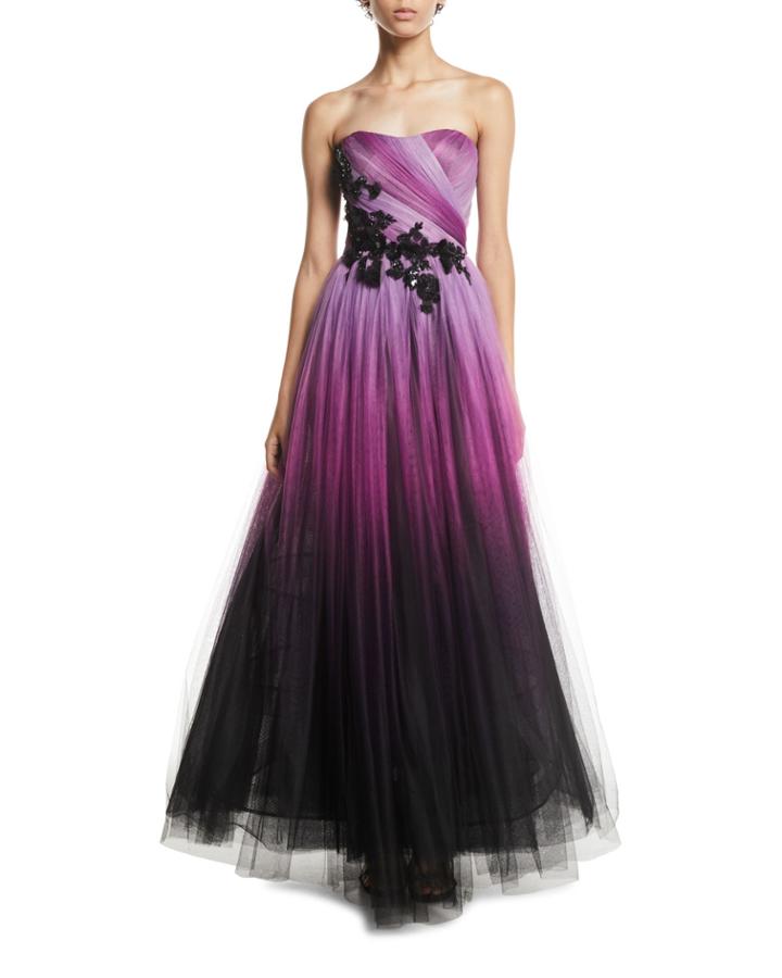 Floral-beaded Strapless Ombre-tulle Gown