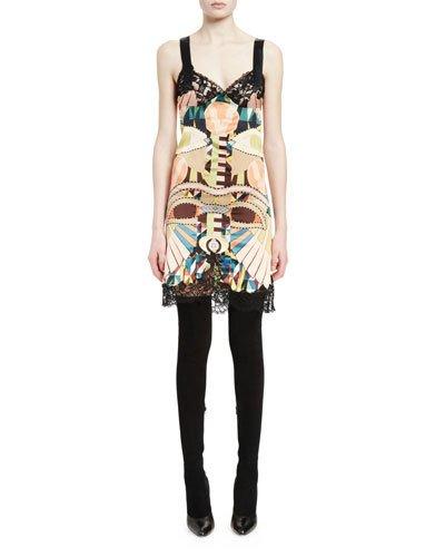 Sleeveless Lace-trim Printed Slip Dress,