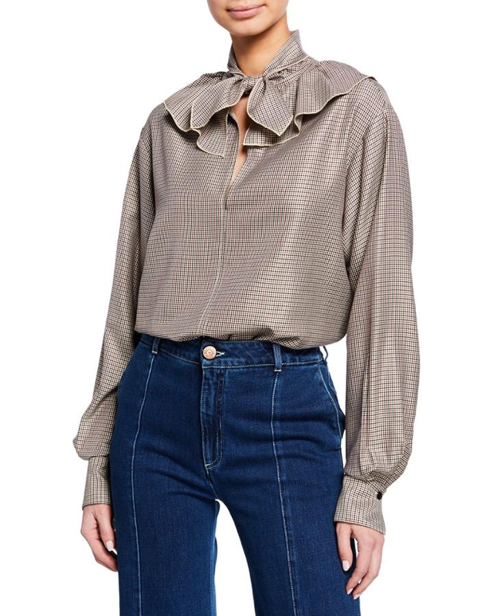 Tie-neck Ruffle Check Long-sleeve Blouse