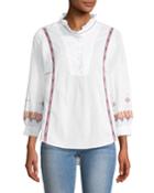 Ruffle-neck Embroidered Button-front Tunic