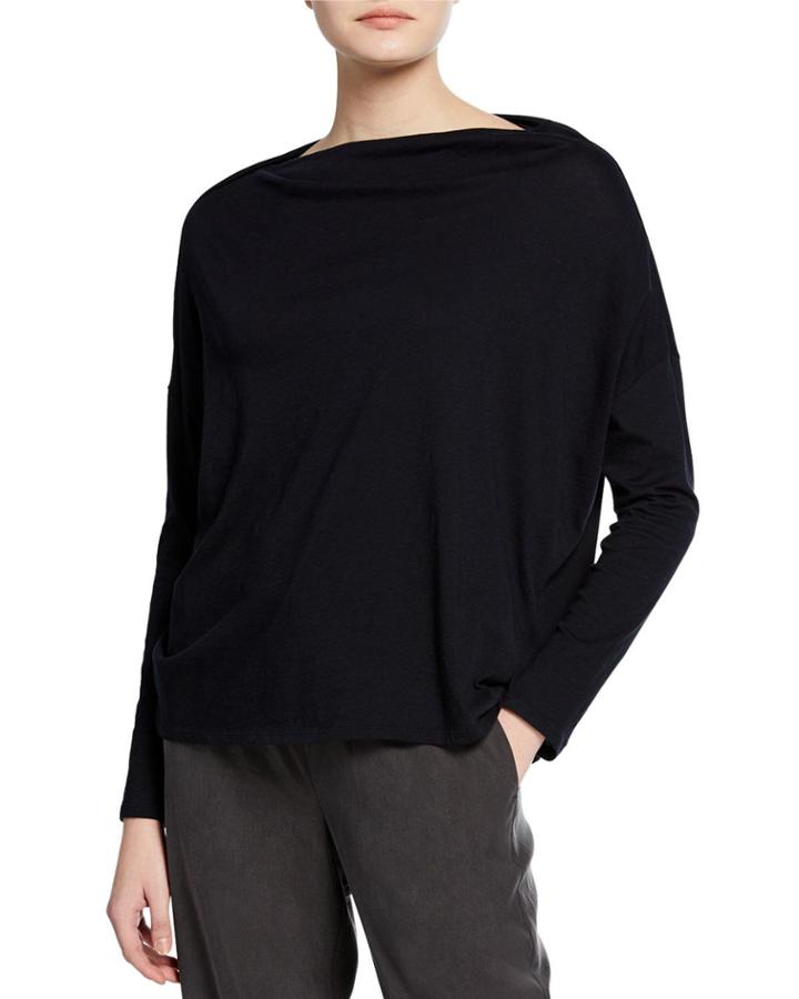 Long-sleeve Boat-neck Cotton Pullover Top