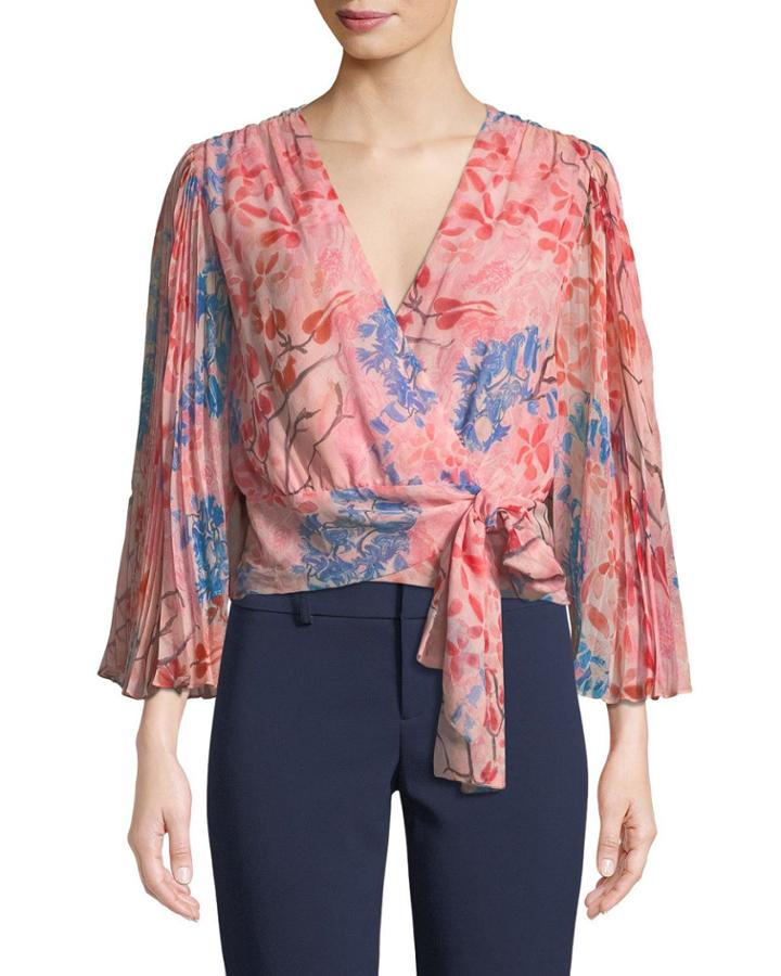 Bray Pleated-sleeve Floral-print Silk Wrap Blouse