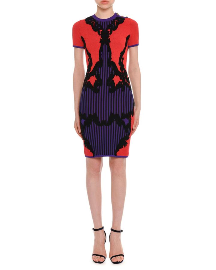 Short-sleeve Fitted Harlequin-intarsia Knit Dress