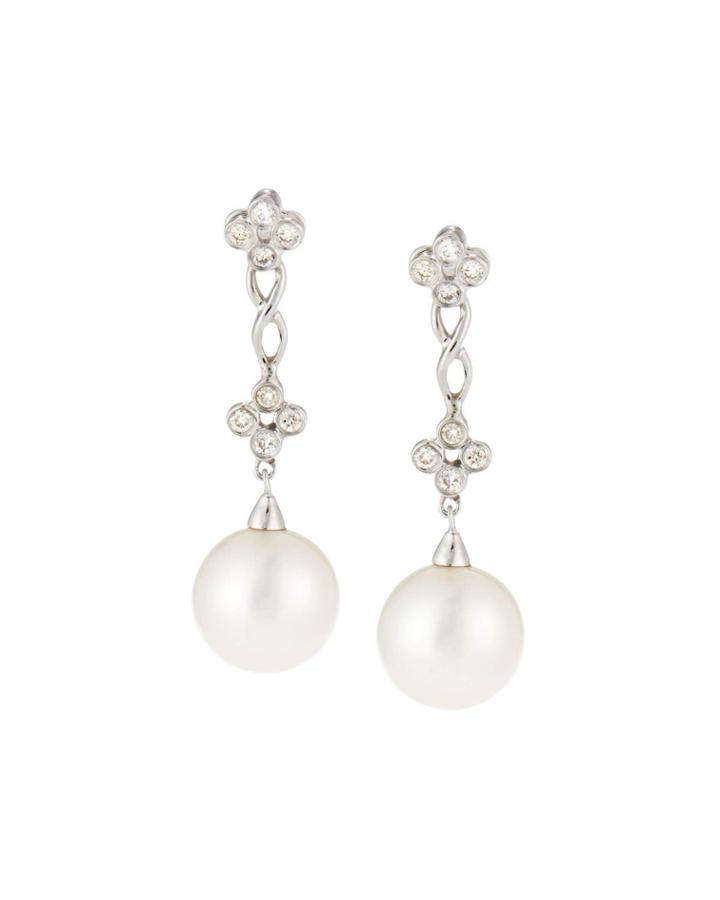 14k White Gold Diamond Flower & Pearl Drop Earrings