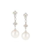 14k White Gold Diamond Flower & Pearl Drop Earrings
