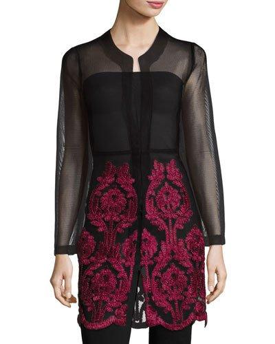Embroidered Mesh Open Jacket, Black