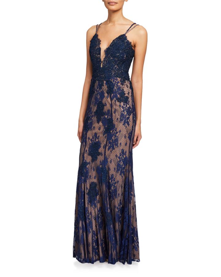 V-neck Spaghetti-strap Lace Column Gown