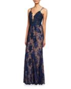 V-neck Spaghetti-strap Lace Column Gown
