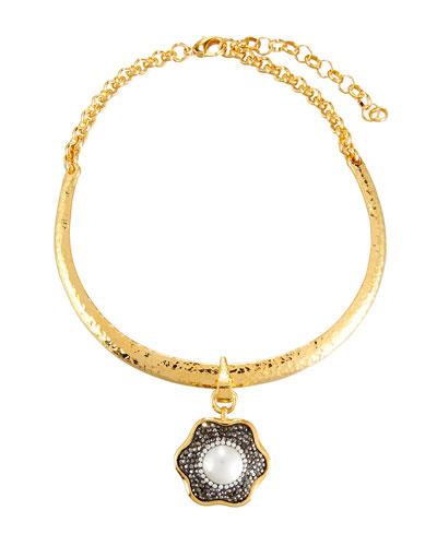 Hammered Collar Necklace W/ Floral Crystal Pendant
