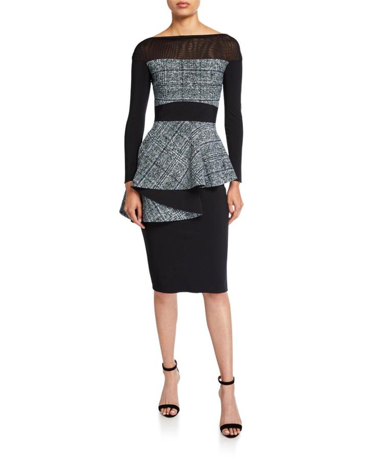 Bateau-neck Long-sleeve Tweed Peplum Dress