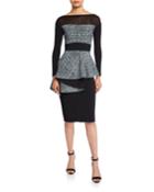 Bateau-neck Long-sleeve Tweed Peplum Dress