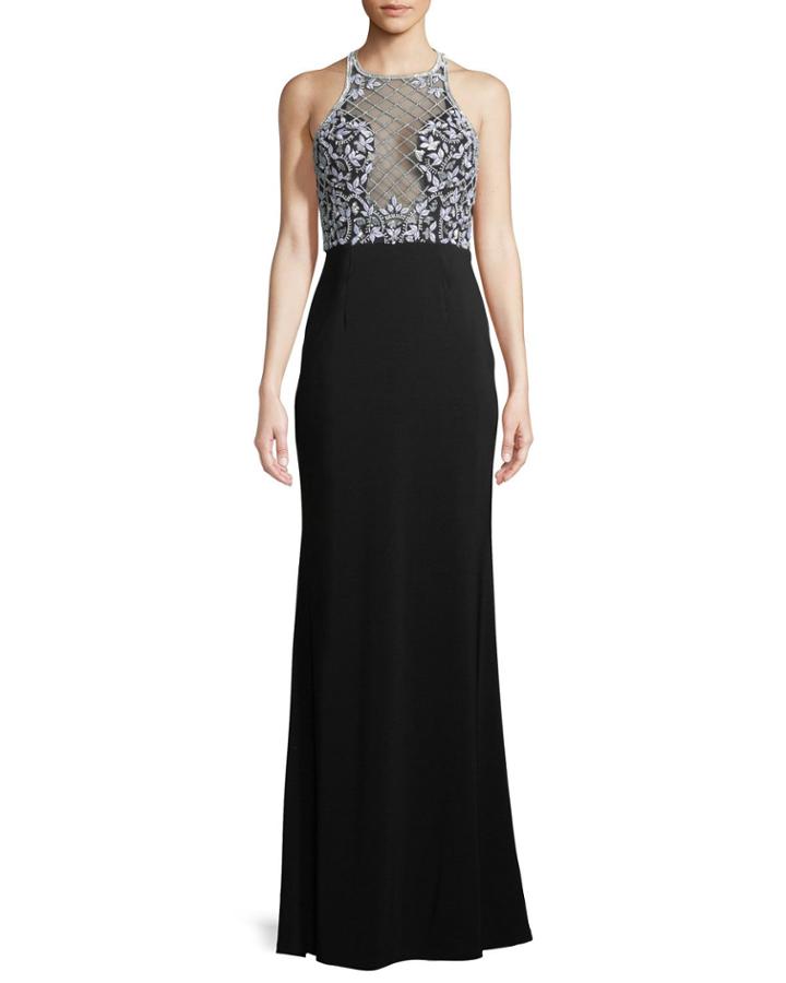 Sleeveless Beaded Jersey Illusion Gown