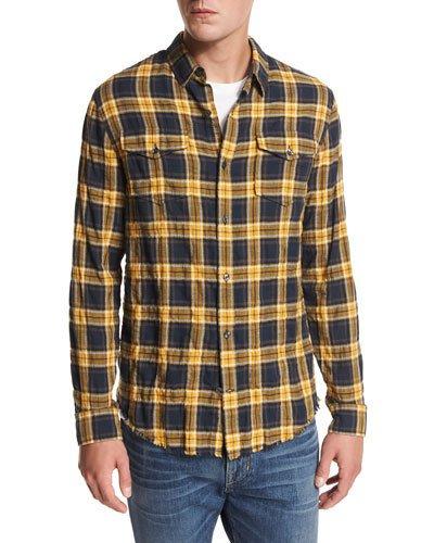 Frayed-edge Plaid Western Shirt, Blue/yellow