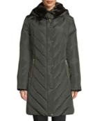 Snap-button Quilted Down Fill Coat With Detachable Faux-fur Collar