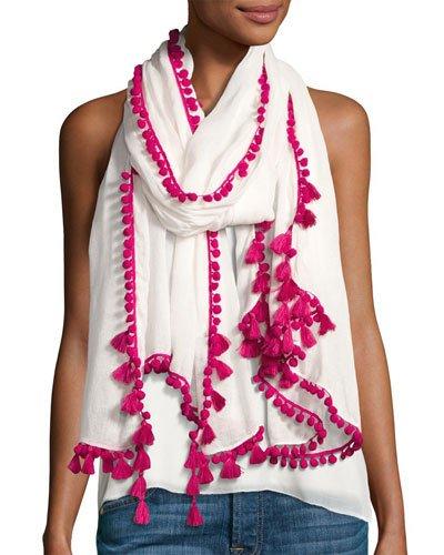 Mini Pompom Linen-blend Scarf, Pink/white