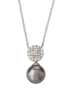 18k White Gold Diamond Disc & Gray Pearl Pendant Necklace