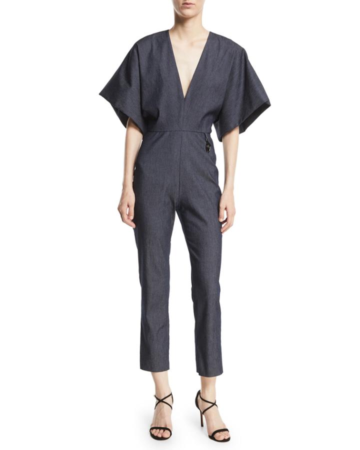 Deep-v Kimono-sleeve Skinny Denim Jumpsuit