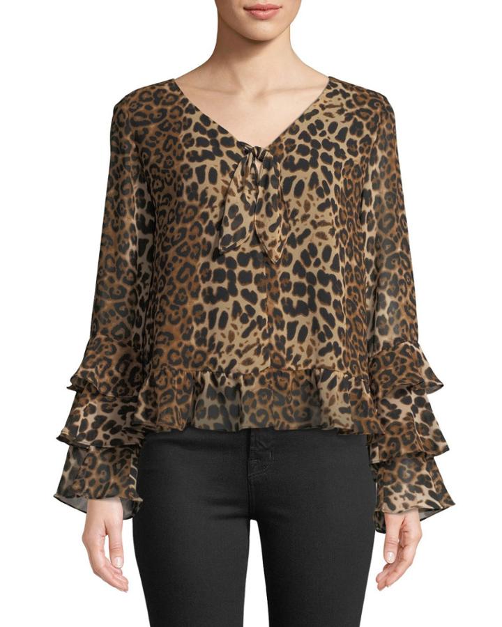 Effie Leopard-print Ruffle-sleeve Blouse
