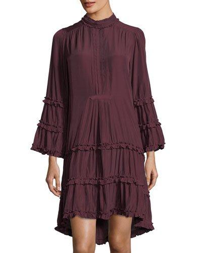High-neck Bell-sleeve Ruffled Dress