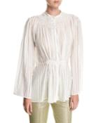 Seersucker Elastic-waist Peasant Blouse