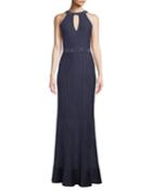 Halter-neck Sleeveless Luxe Ottoman Knit Evening Gown W/