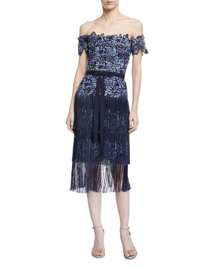 Embroidered Strapless Fringe Cocktail Dress