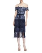 Embroidered Strapless Fringe Cocktail Dress