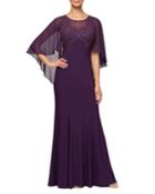 Flyaway Capelet-sleeve Embroidered Illusion Dress
