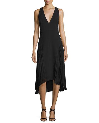 Sleeveless V-neck Dress W/ Pleated