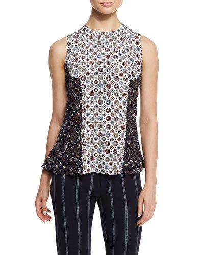 Sleeveless Floral Silk Shell, Soft White/multicolor