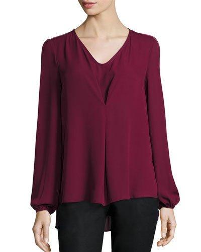 V-neck Pleat-front Blouse, Burgundy